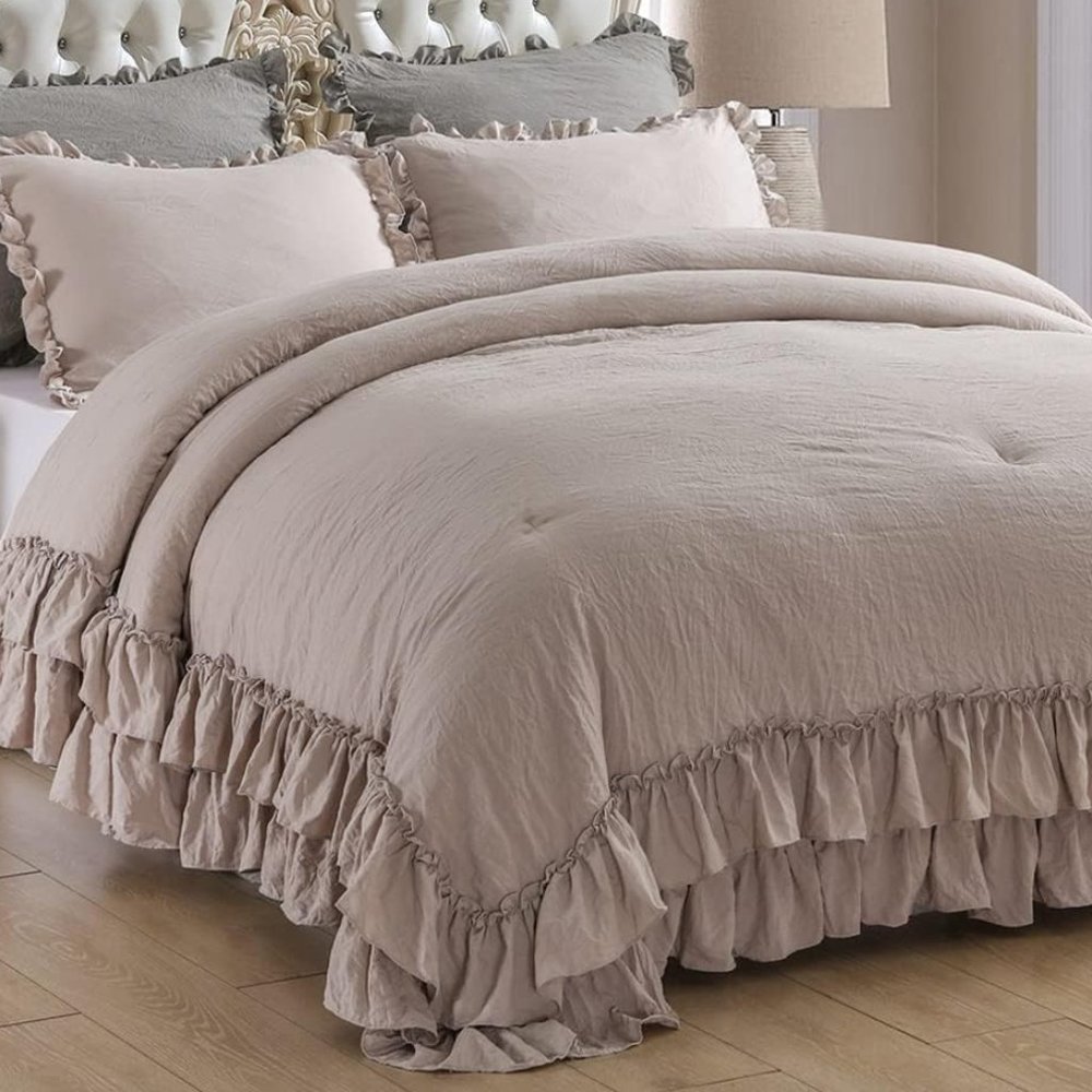 Ecru Queen Size Bed Comforter Set Taupe Shabby Chic Ruffle Bedding Stone Washed